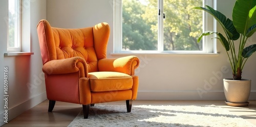 A plush, colorful armchair sits invitingly in a sunlit room, radiating comfort and relaxation Perfect for concepts of coziness, leisure, and home comfort , bright, cheerful, contentedness