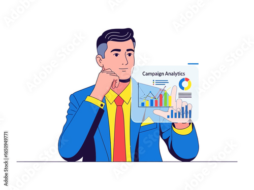 Business Analyst Deep in Thought: A professional man in a sharp suit examines campaign analytics on a transparent screen, conveying insightful business acumen and meticulous strategy.