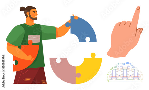 Man holding puzzle pieces in a circle with a pointing hand and a cloud diagram. Ideal for teamwork, problem-solving, creativity, decision-making, strategy, connection, goal alignment. Simple flat