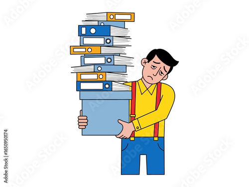 Overwhelmed: A weary individual struggles to balance a towering stack of files, embodying the burdens of excessive workload in a simple but illustrative presentation.