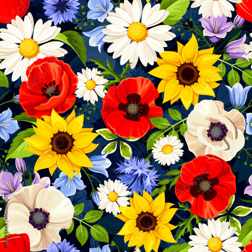 Floral seamless pattern with colorful meadow flowers (sunflowers, poppies, daisies, bluebells, and cornflowers). Vector floral print