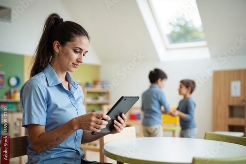 Teacher using a tablet. A young female educator is working on a tablet in a modern classroom or daycare center.