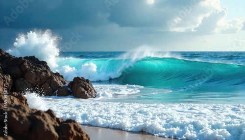 Powerful ocean waves crashing on a rocky shore, creating white water and sea spray Dramatic coastal scene with stunning natural textures and dynamic movement , landscape, spray