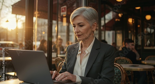 Realistic Mature Woman Working on Laptop at Outdoor Cafe in Paris