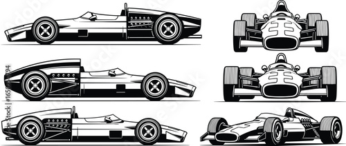 Race car multi-view set, black white illustration, side front angle, aerodynamic design, open cockpit, automotive graphic, speed vehicle