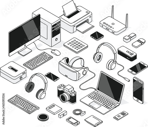 Isometric vector illustration featuring a diverse collection of camping and outdoor equipment, including tents, campfires, and recreational vehicles, on a white background for adventure themes.