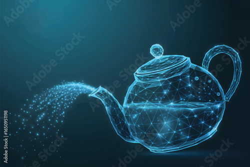 A digital illustration of a glowing blue teapot made in a low-poly wireframe style