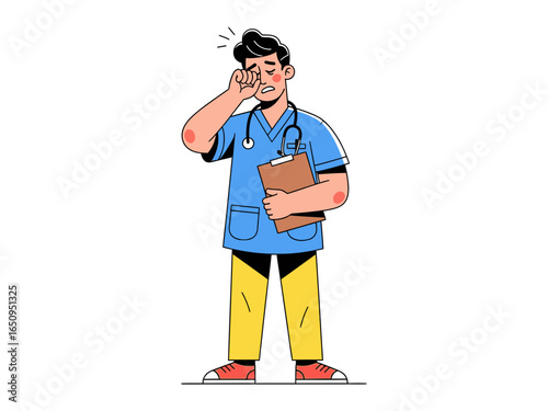 Exhausted Doctor: A weary doctor, dressed in medical attire, rubs his eyes with a look of exhaustion, carrying a clipboard in his hands.
