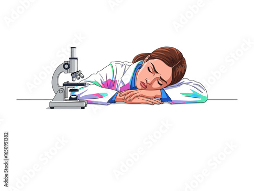 Tired scientist and microscope: A weary scientist rests her head on a desk next to a microscope, conveying a sense of exhaustion or overwork in the realm of scientific discovery.