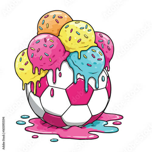 Sweet Melting Colorful Ice Cream Scoops on a Soccer Ball