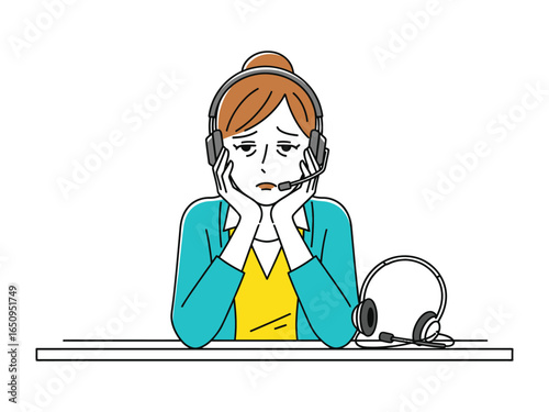 Weary Support Representative: A frustrated support representative, burdened by the weight of communication, leans in, the headphones signifying the ongoing demand for aid.