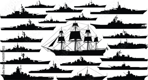 Ship silhouette collection, naval warships, sailing vessel, maritime evolution, military ships, masts, sails, ocean transport, black white graphic, fleet design
