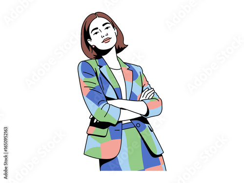 Confident Professional: A stylish and confident woman in a vibrant business suit, exuding poise and professionalism, capturing the essence of modern empowerment.