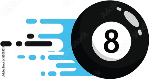 A graphic of a black eight ball with blue and black motion streaks on a white background design element