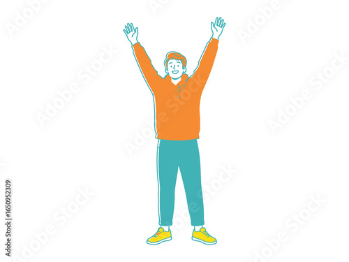 Cheerful Expression: A cheerful individual raising arms in the air, their face alight with pure joy, showcasing the triumph of a person.