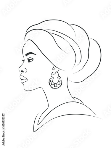 Line drawing of the face of African-American woman in a turban with an earring. Outline illustration of the profile of an African woman in a classic headscarf. Elegance, beauty, tradition, aesthetics