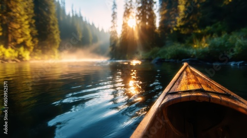 A tranquil morning scene featuring a kayak gliding over calm waters in a scenic forest landscape, embodying the serenity and beauty of nature at sunrise.