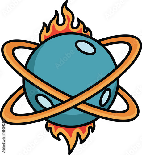A cartoon planet with rings around it and flames coming from the top and bottom of the planet