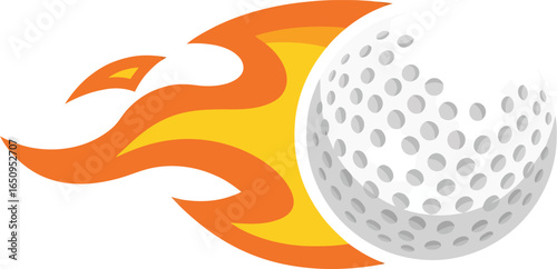 A golf ball with dimples and a fiery flame trail behind it on a white background design vector art