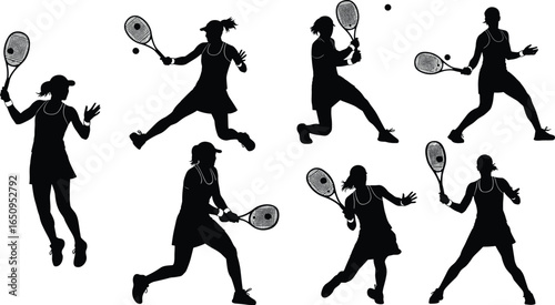 Tennis player silhouette set, action poses, forehand, backhand, serve, racket, ball, female athlete, sports movement, black white graphic