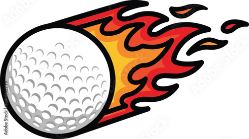A cartoon golf ball engulfed in flames with a black outline on a white background illustration