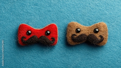 Two small, felt bow ties, one red and one tan, each with a black mustache and googly eyes, positioned on a blue felt surface
