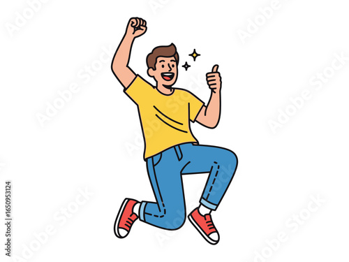 A Joyful Victory: A man celebrates a moment of pure triumph and joy. Captured in an animated illustration, the image exudes the excitement and elation.
