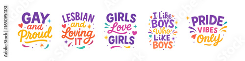 Colorful vector set illustration of pride slogans promoting LGBTQ+ positivity and love. Features diverse text designs, vibrant colors, and empowering messages celebrating identity and love.