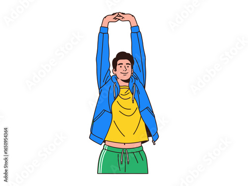 Stretching into a Bright Day: A cheerful figure initiates the day with an invigorating overhead stretch, set against a minimalist backdrop that amplifies their boundless optimism.