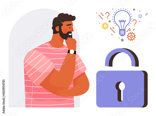 Man in striped shirt thinking, glowing light bulb surrounded by question marks, gears, and a secure lock symbol. Ideal for creativity, security, brainstorming, problem-solving, intellectual growth