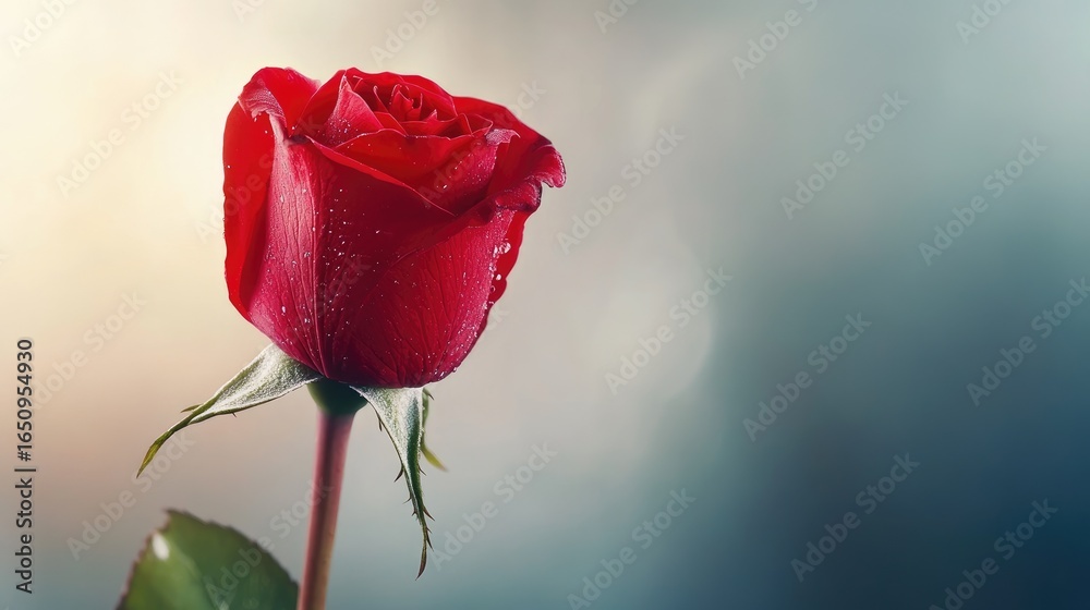 Fototapeta premium A macro shot of a Valentine's Day red rose in soft-focus background