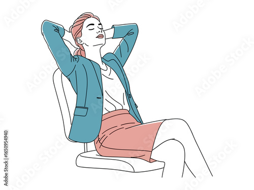 Relaxation and Contemplation: A relaxed woman in a business suit leans back in her chair, eyes closed in a moment of peace and contemplation.