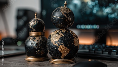 Two stacked globes, dark and gold, sit on a wooden desk