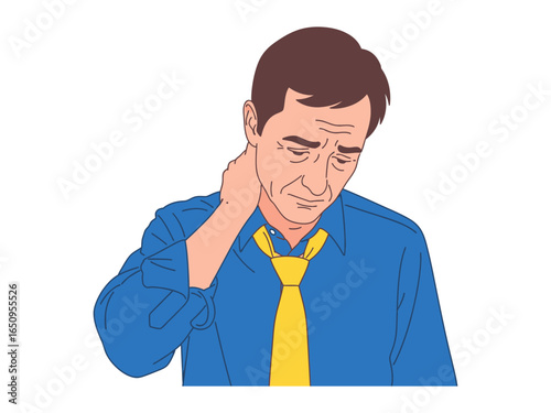 Neck Pain & Discomfort: A visual depiction of a man, hand on neck, conveying physical discomfort, focusing on the nuances of his expression and the simple yet effective use of colors 