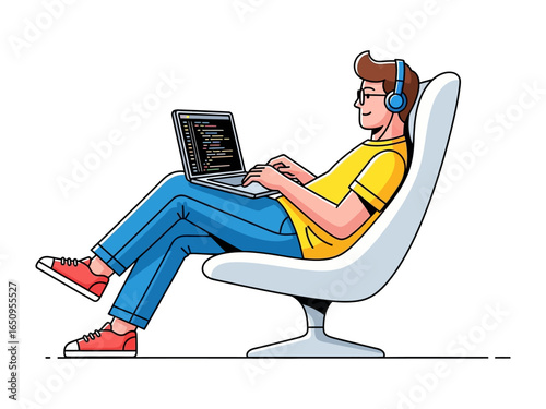 Tech Enthusiast Coding: A dedicated individual deeply immersed in their work, effortlessly coding on a laptop while wearing headphones, symbolizing the focus and innovation of the tech world.