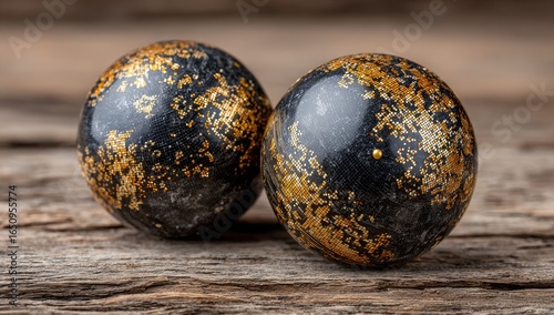Two dark grey/black spheres, gold flecked
