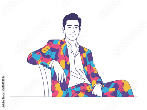 Elegant and poised man in a vibrant Suit: A stylishly dressed man exudes confidence and sophistication, captured in a clean, modern illustration. His unique suit pattern.