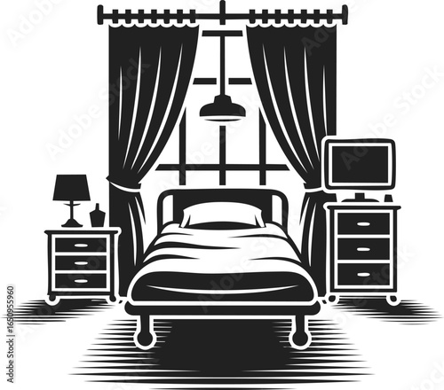 Bedroom interior, cozy sleeping space, modern furnishings, bedside lamp, window with curtains, contemporary design