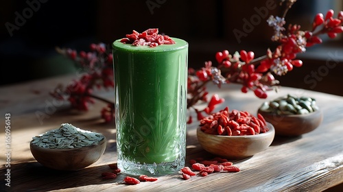 Wallpaper Mural Detoxify your body with a vibrant green superfood smoothie, featuring spirulina, goji berries, and flaxseeds, presented in a rustic setting with natural light that emphasizes   Torontodigital.ca