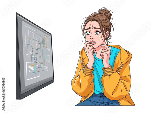 Fearful Dilemma: A young woman, her face etched with concern, stares at a large display, pondering complex architectural plans, the weight of a challenging situation.