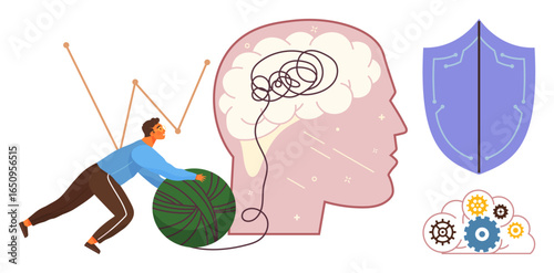Man untangling yarn near brain icon, shield, and gears cloud. Ideal for mental health, problem-solving, focus, organization, self-care cognitive development stress relief. Simple flat metaphor