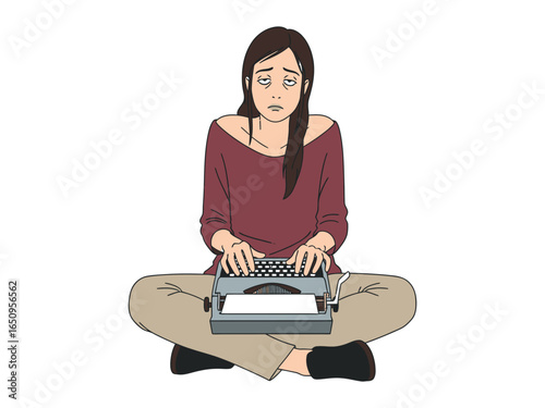 Writer's Block: A young writer struggles with writer's block. A woman is sitting on the floor, she is using a typewriter with a blank sheet of paper.