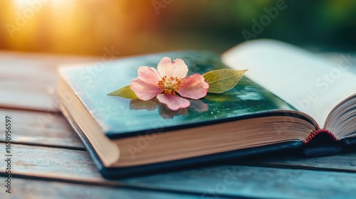 A pressed flower bookmark resting inside an open book