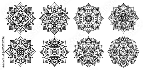 Fractal mandala in floral pattern, eight vectors set