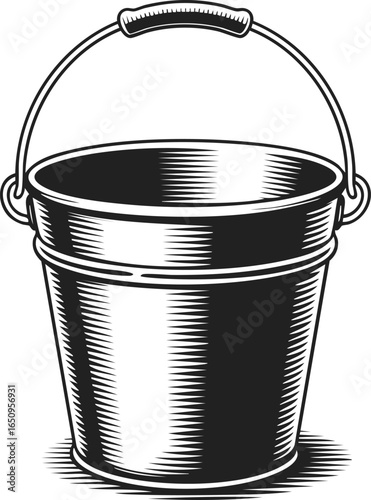 Bucket, metal container, storage vessel, utility tool with handle, perfect for carrying water and other items