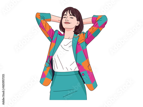 Woman in Relaxed Pose: A vibrant illustration of a woman at ease, leaning back with hands behind her head, embodying serenity and contentment in a modern, colorful style.