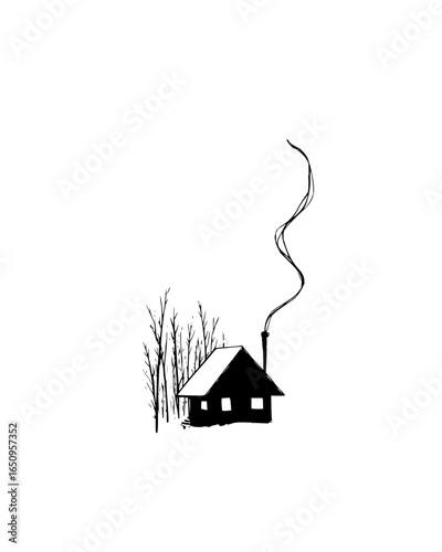Vector art of a minimalist black and white illustration of a small house covered in snow with smoke coming from the chimney,  evoking a sense of winter, warmth, and rural simplicity
