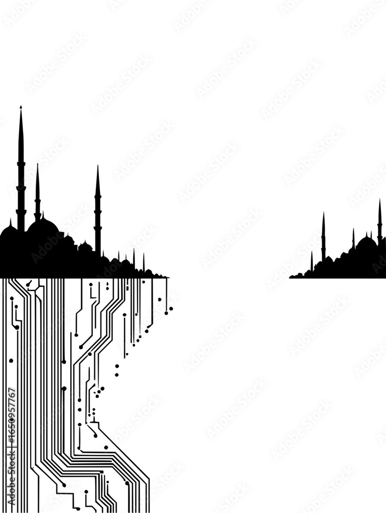 Naklejka premium Vector art of istanbuls skyline a fusion of ancient architecture and modern technology, is depicted with mosques and circuit boards, creating a unique blend of culture and digital innovation