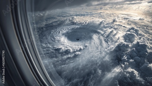 Hurricane's swirling eye seen through airplane window