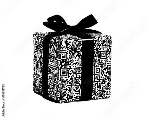 Vector art of a black and white gift box with qr code pattern and ribbon  perfect for celebrating special occasions, birthdays, or holidays with a modern and decorative touch